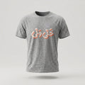 A heather gray short-sleeve t-shirt with stylized Arabic calligraphy printed across the chest in white with a coral-pink shadow, shown against a light gray studio background.