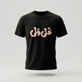 A black short-sleeve crewneck t-shirt featuring stylized Arabic calligraphy printed across the chest in a pink-to-white gradient with a soft shadow, shown against a light gray background.